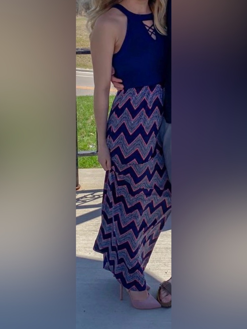 Three Hearts Navy and Pink Chevron Maxi Skirt